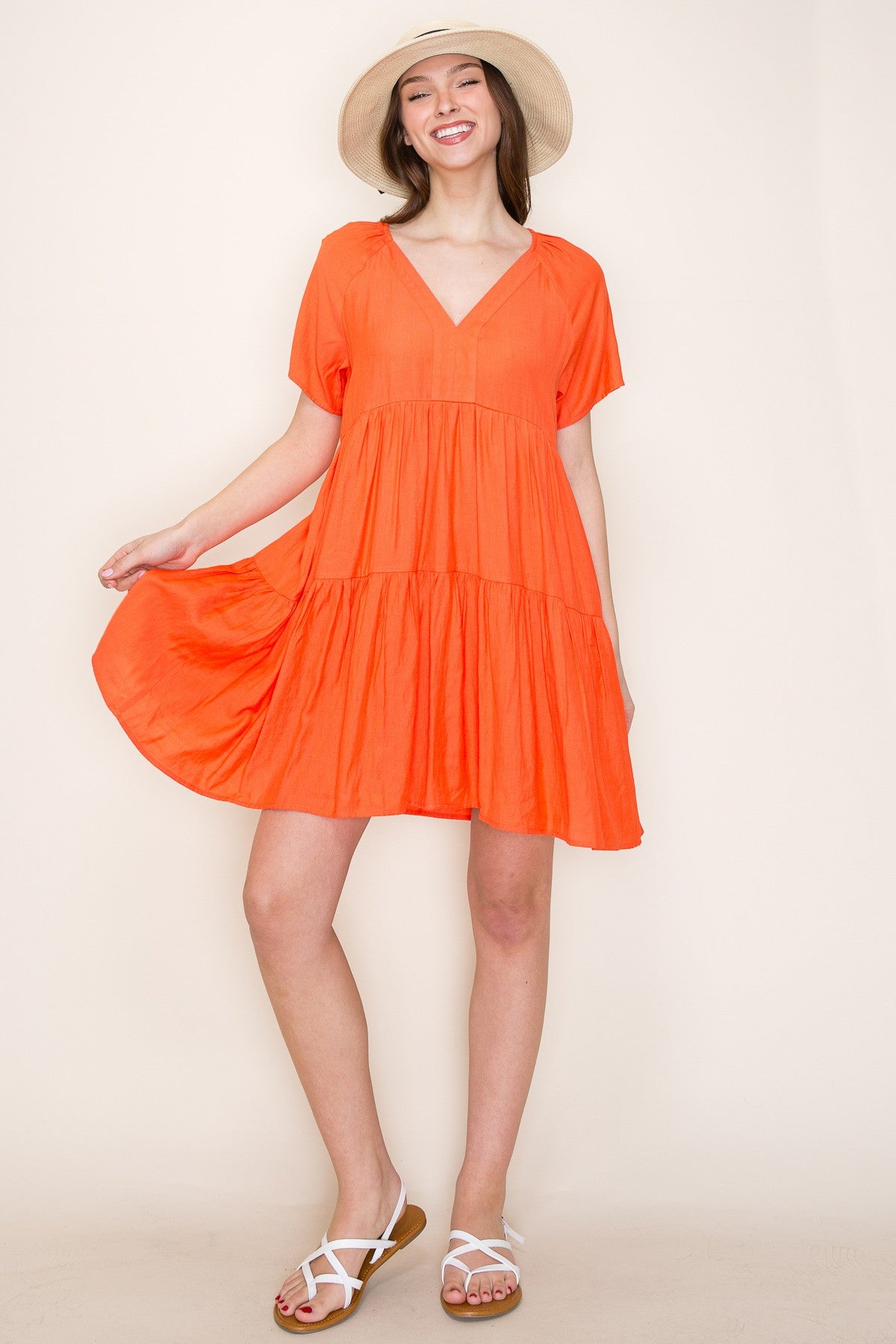 Orange V-Neck Tiered Short Sleeve Dress