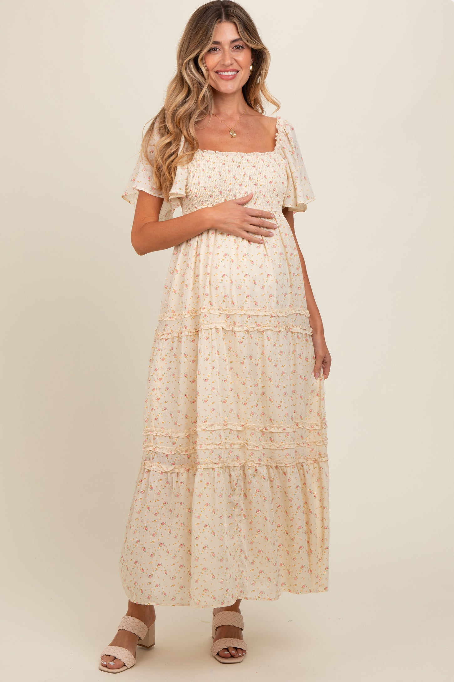 Cream Floral Smocked Square Neck Flutter Sleeve Maternity Midi Dress