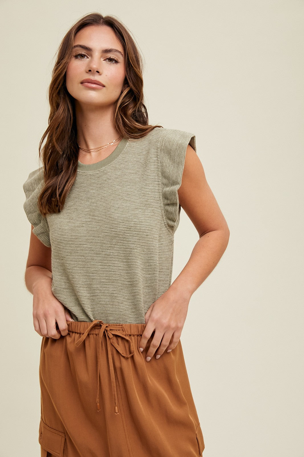 Olive Striped Ruffle Sleeve Top