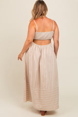 Beige Striped Cutout Back Maternity Plus Maxi Dress