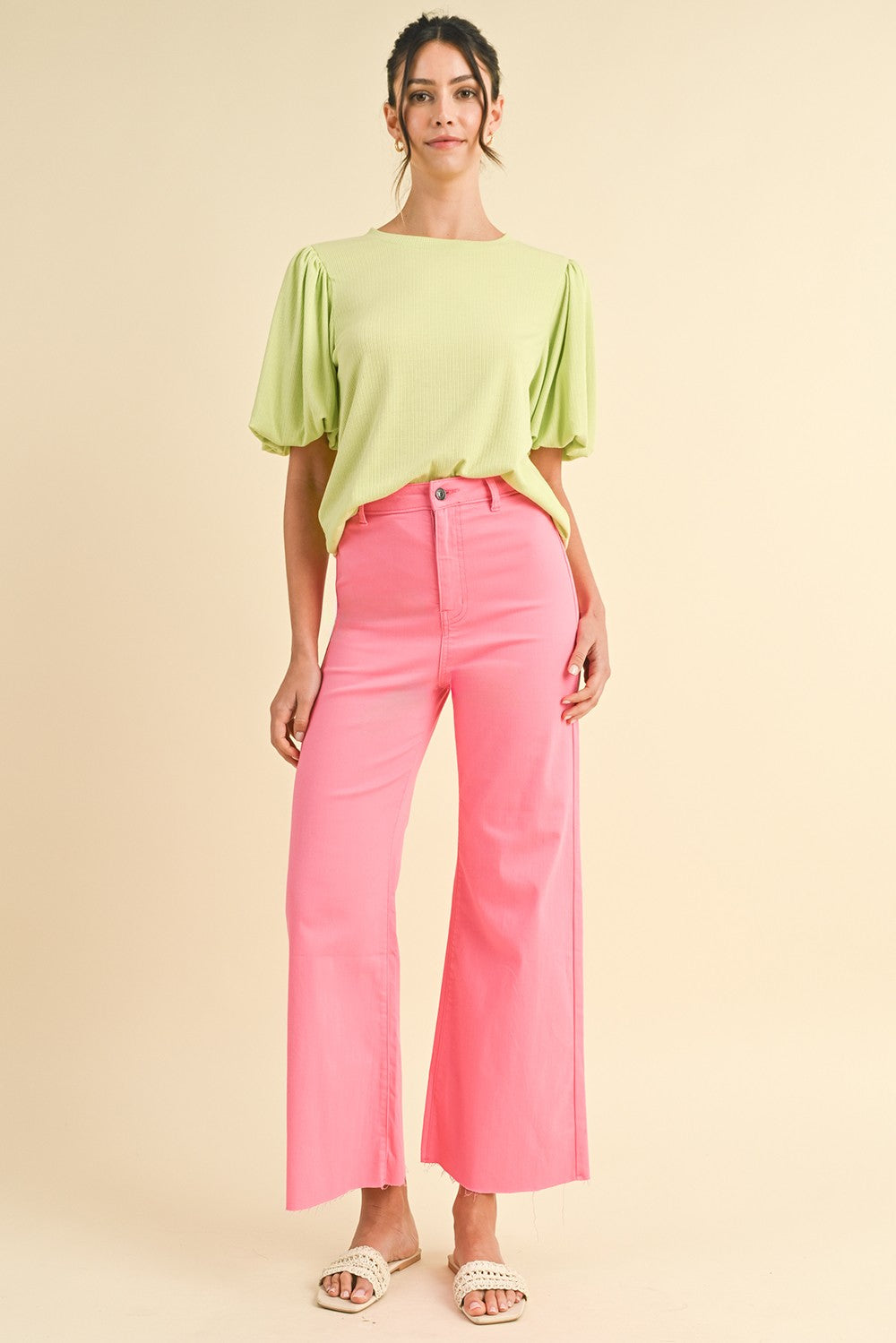 Lime Ribbed Puff Short Sleeve Top