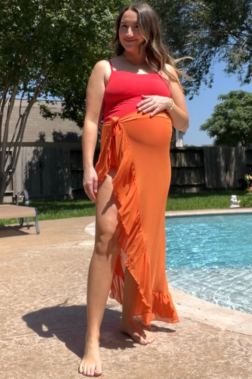 Orange Sheer Ruffle Accent Maternity Cover Up
