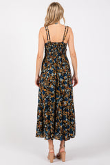Black Floral Crochet Inset V-Neck Midi Dress