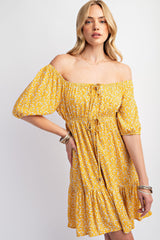 Yellow Floral Button Front Drawstring Waist Ruffle Maternity Dress