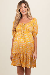 Yellow Floral Button Front Drawstring Waist Ruffle Maternity Dress