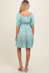 Blue Floral Button Front Drawstring Waist Ruffle Maternity Dress