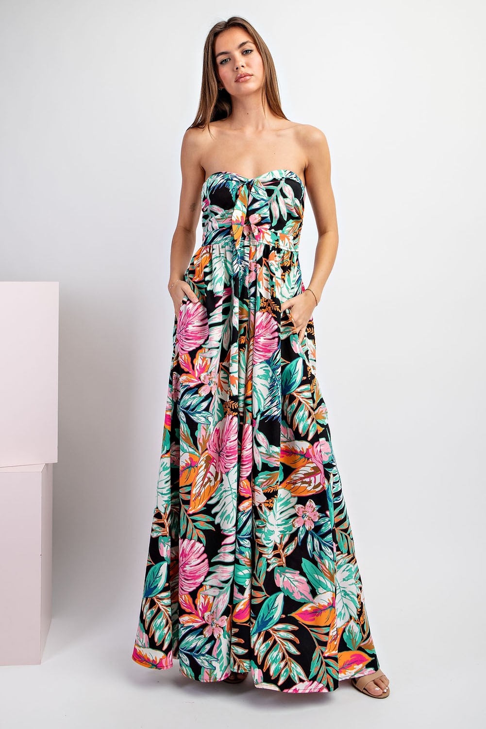 Black Floral Strapless Front Tie Jumpsuit