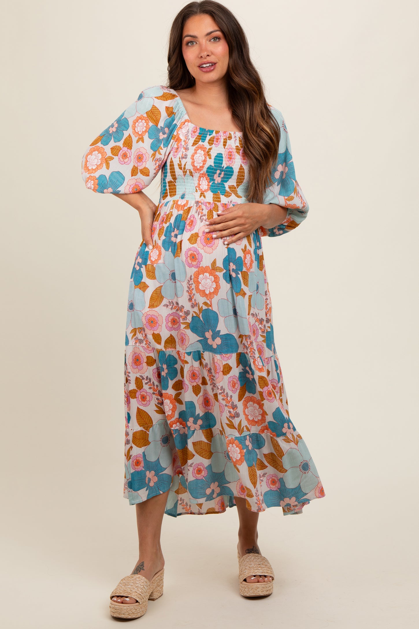 Light Blue Floral Smocked Square Neck Tiered Maternity Midi Dress