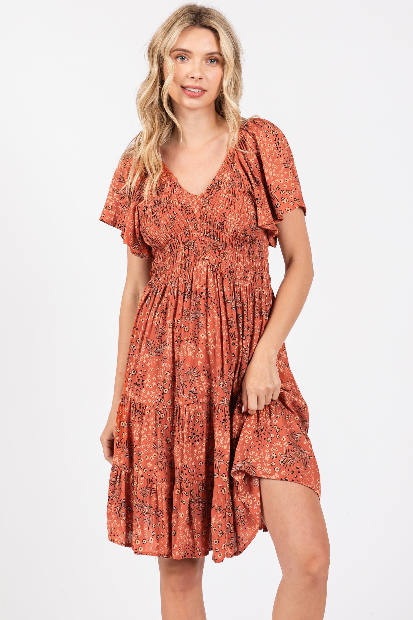 Rust Floral Smocked V-Neck Tiered Dress