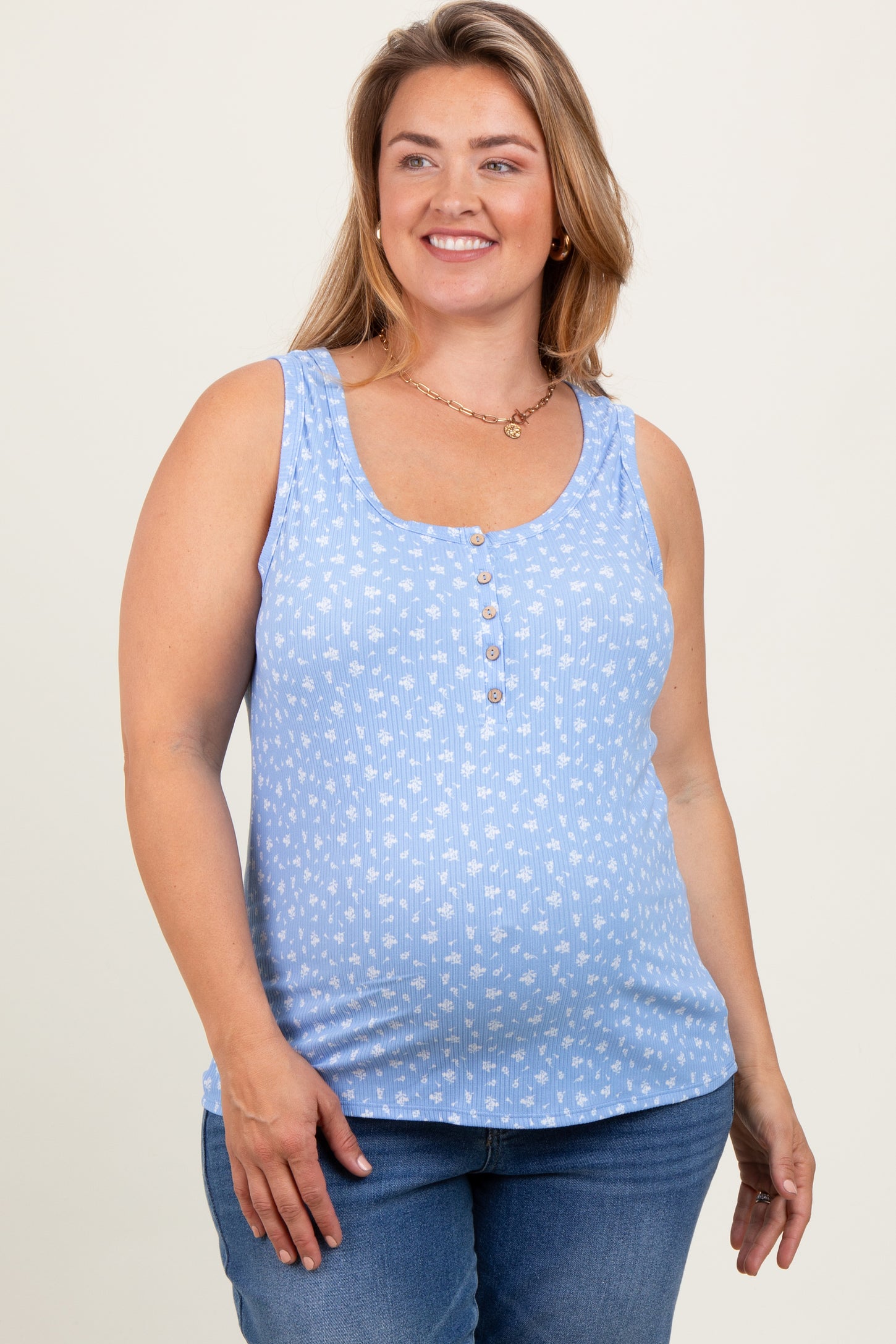 Blue Floral Ribbed Henley Maternity Plus Tank Top