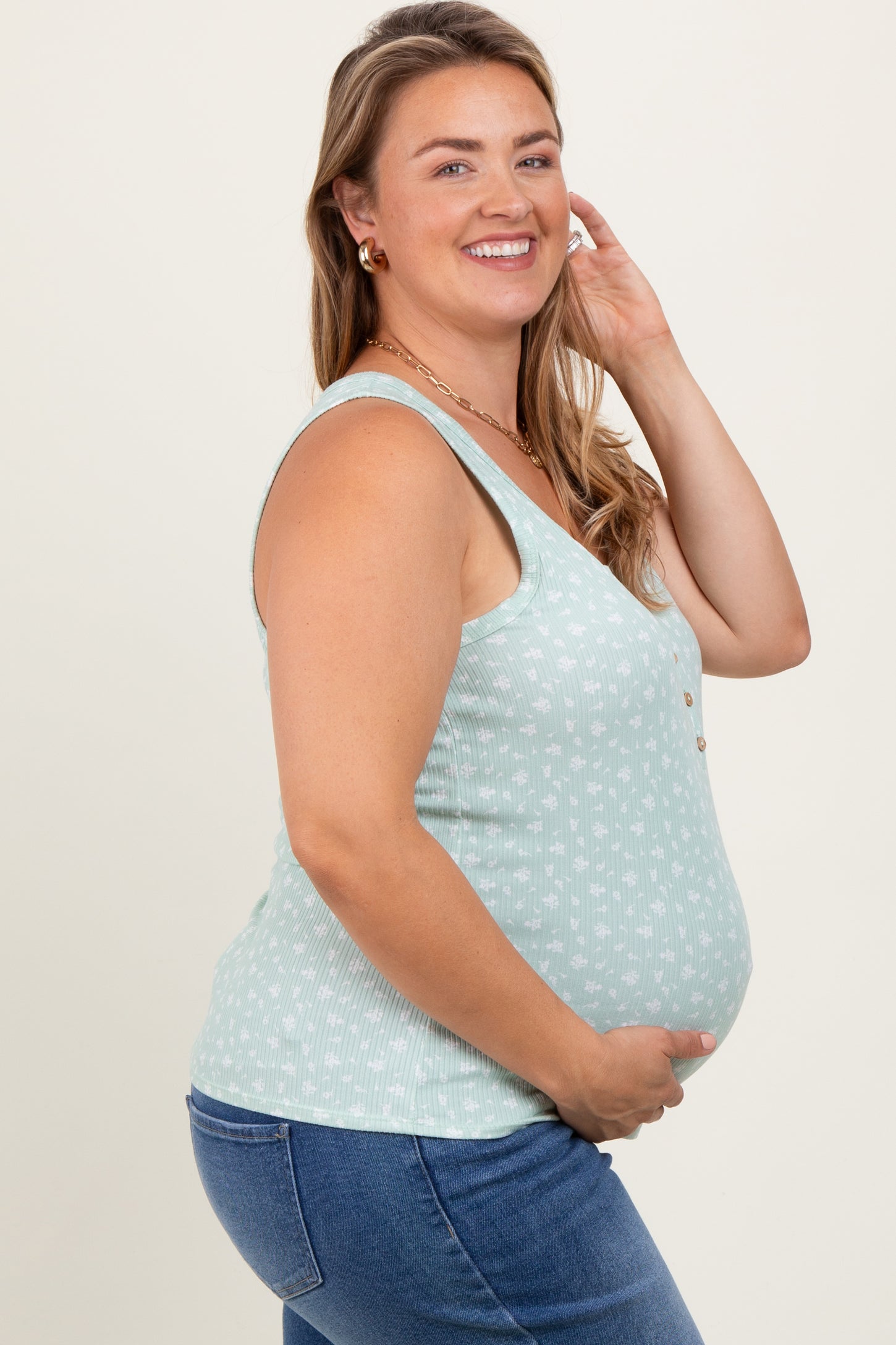 Mint Green Floral Ribbed Henley Maternity Plus Tank Top