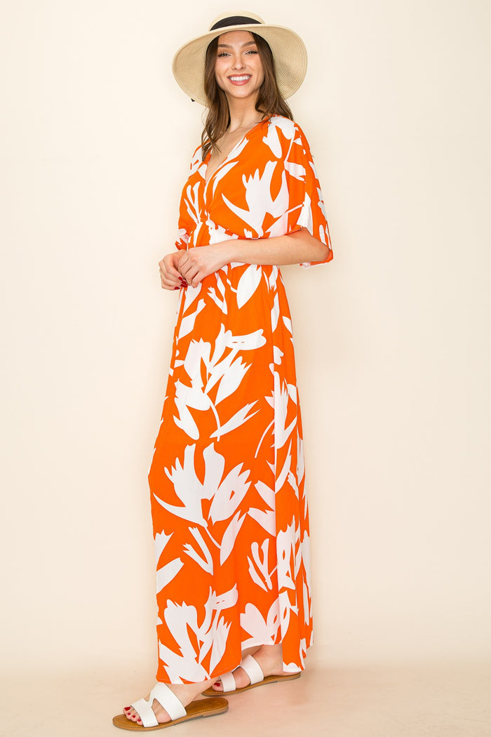 Orange Floral Double V-Neck Front Slit Maxi Dress