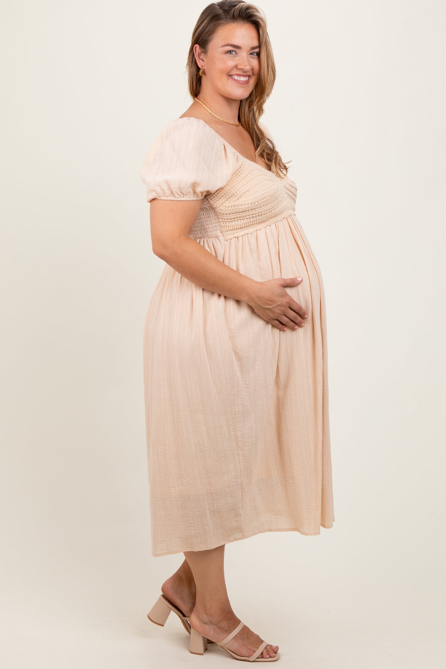 Cream Crochet Bodice Cotton Plus Maternity Midi Dress
