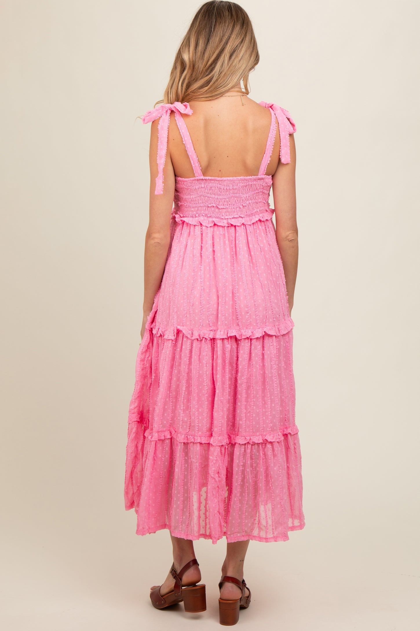 Pink Textured Tie Strap Tiered Maternity Midi Dress