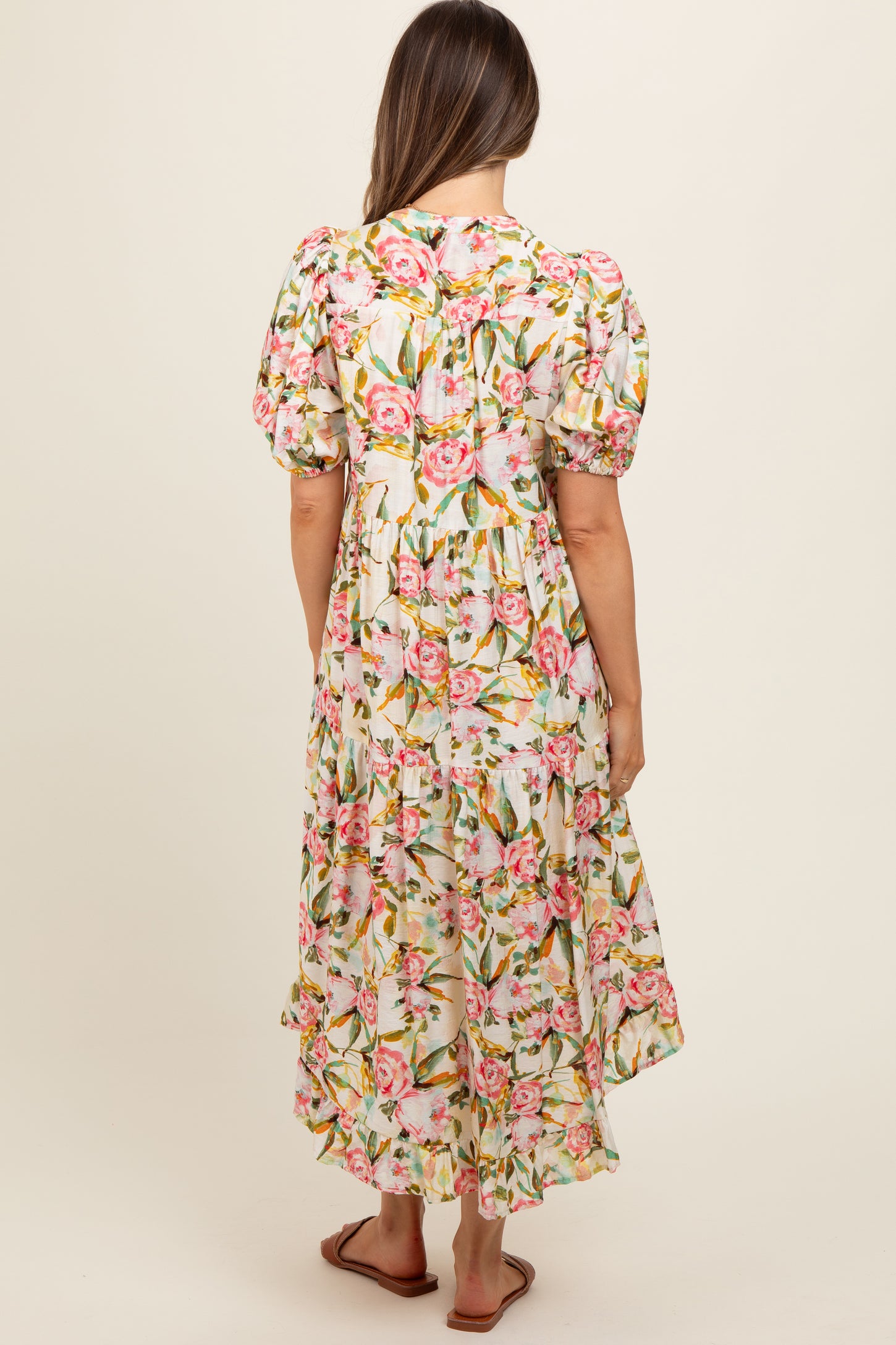 Cream Floral V-Neck Tiered Maternity Midi Dress