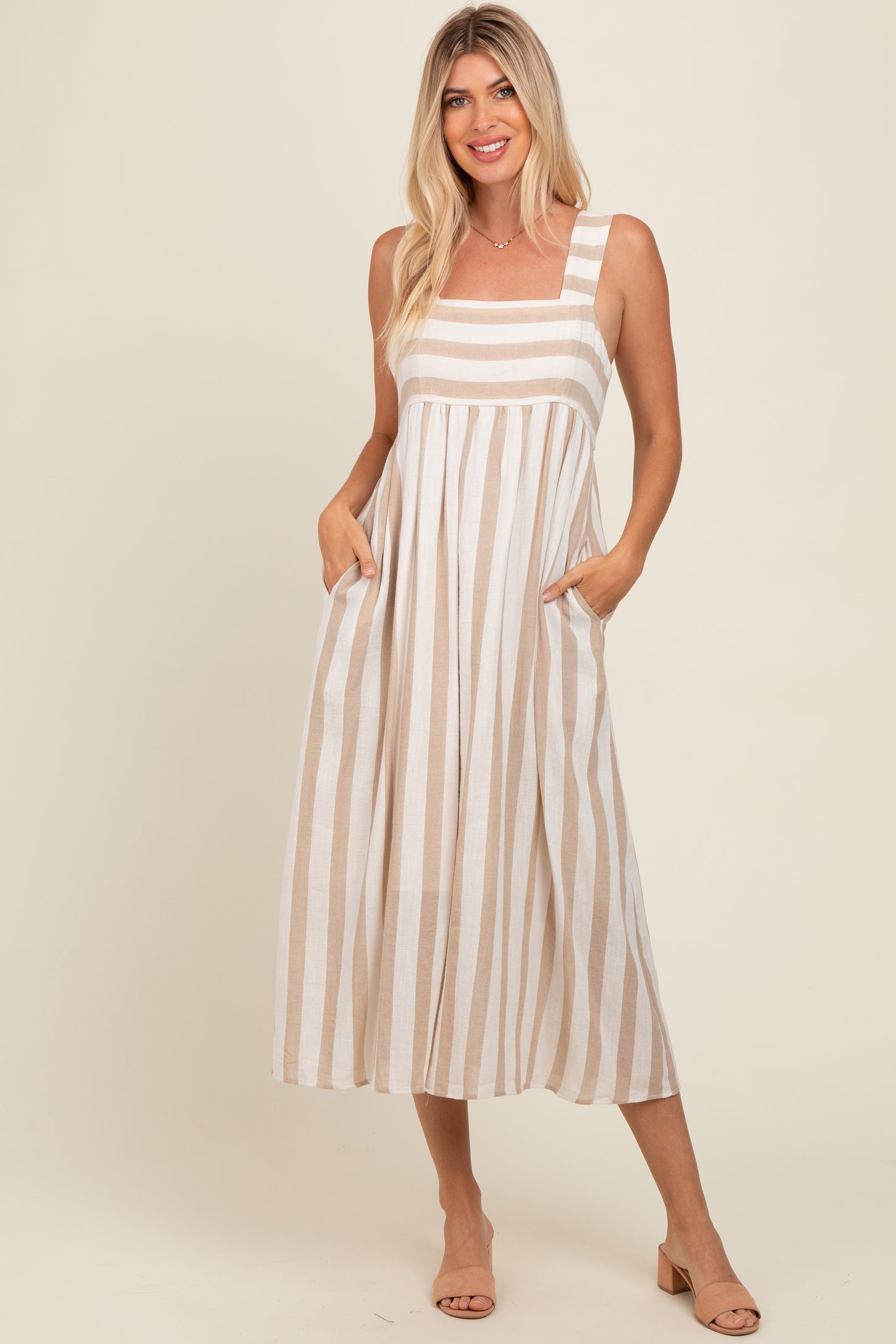 Beige Striped Wide Strap Maternity Midi Dress