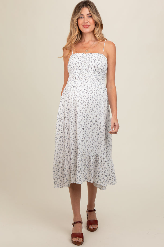 White Floral Smocked Sleeveless Maternity Midi Dress