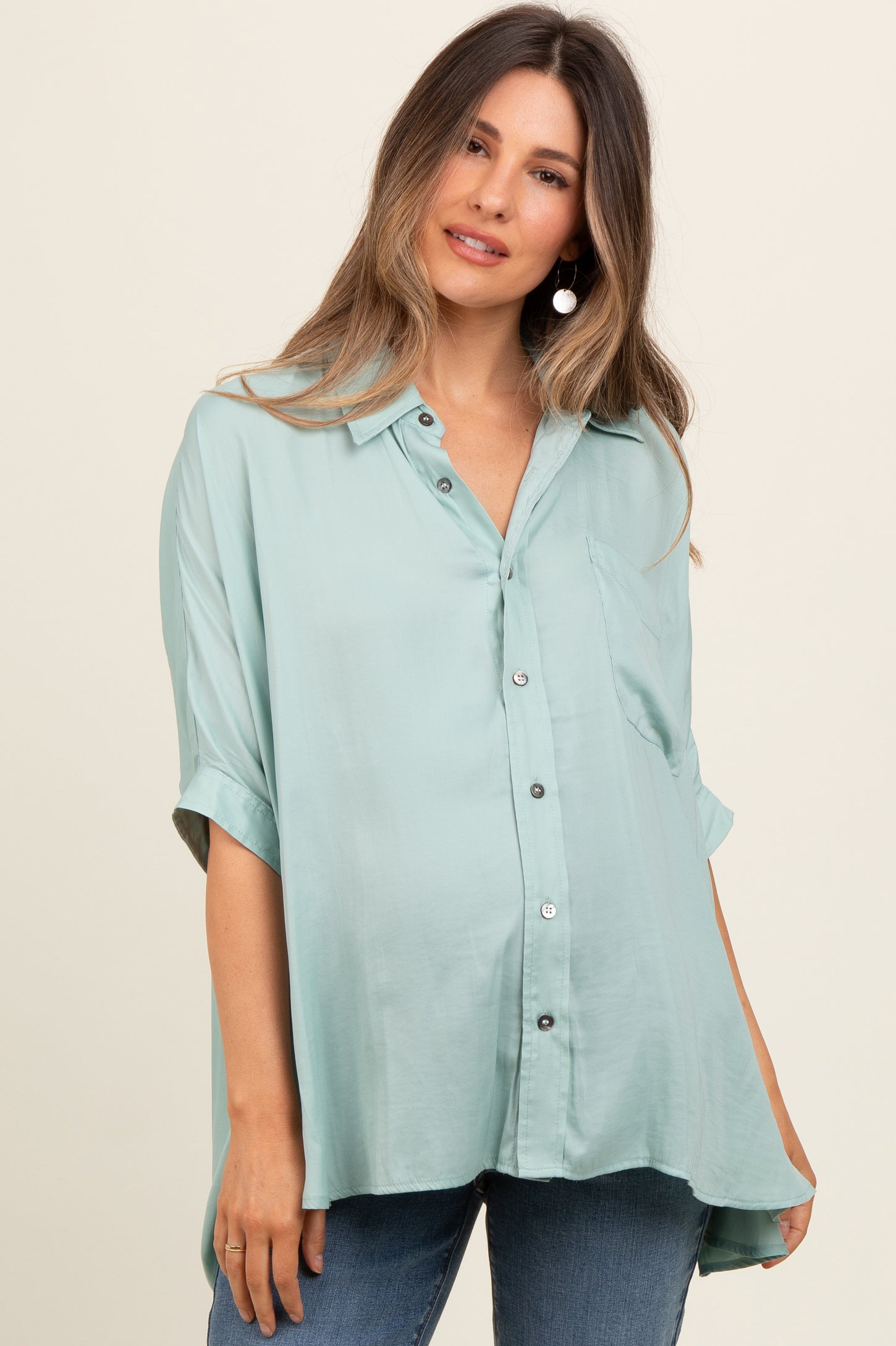 Sage Satin Oversized Maternity Shirt