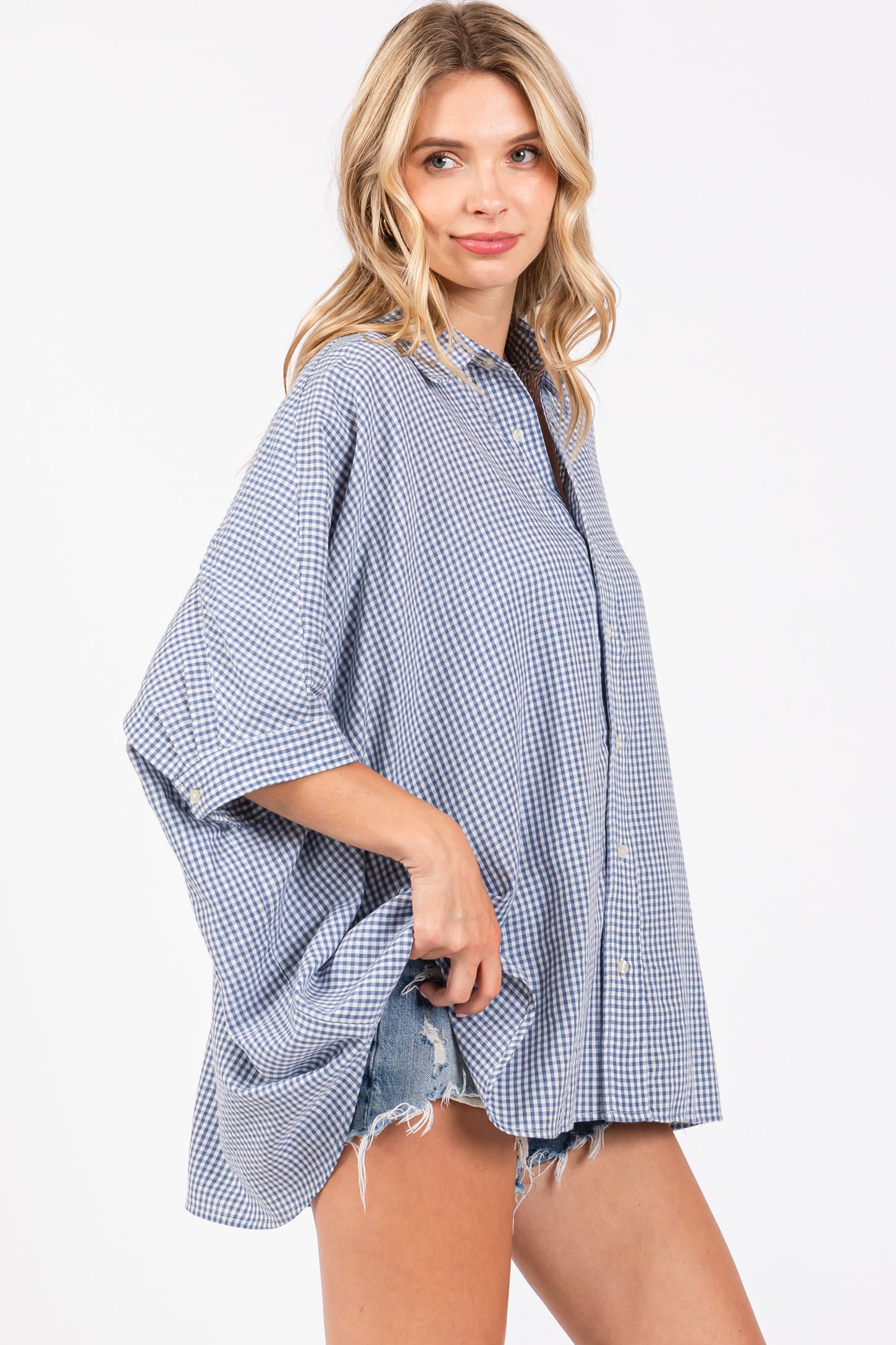 Blue Checkered Oversized Button Down Shirt