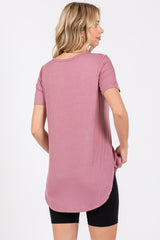 Mauve Ribbed Short Sleeve Button Detail Top