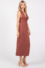 Brown Collared Sleeveless Twist Knit Midi Dress