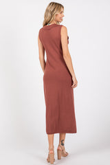 Brown Collared Sleeveless Twist Knit Midi Dress
