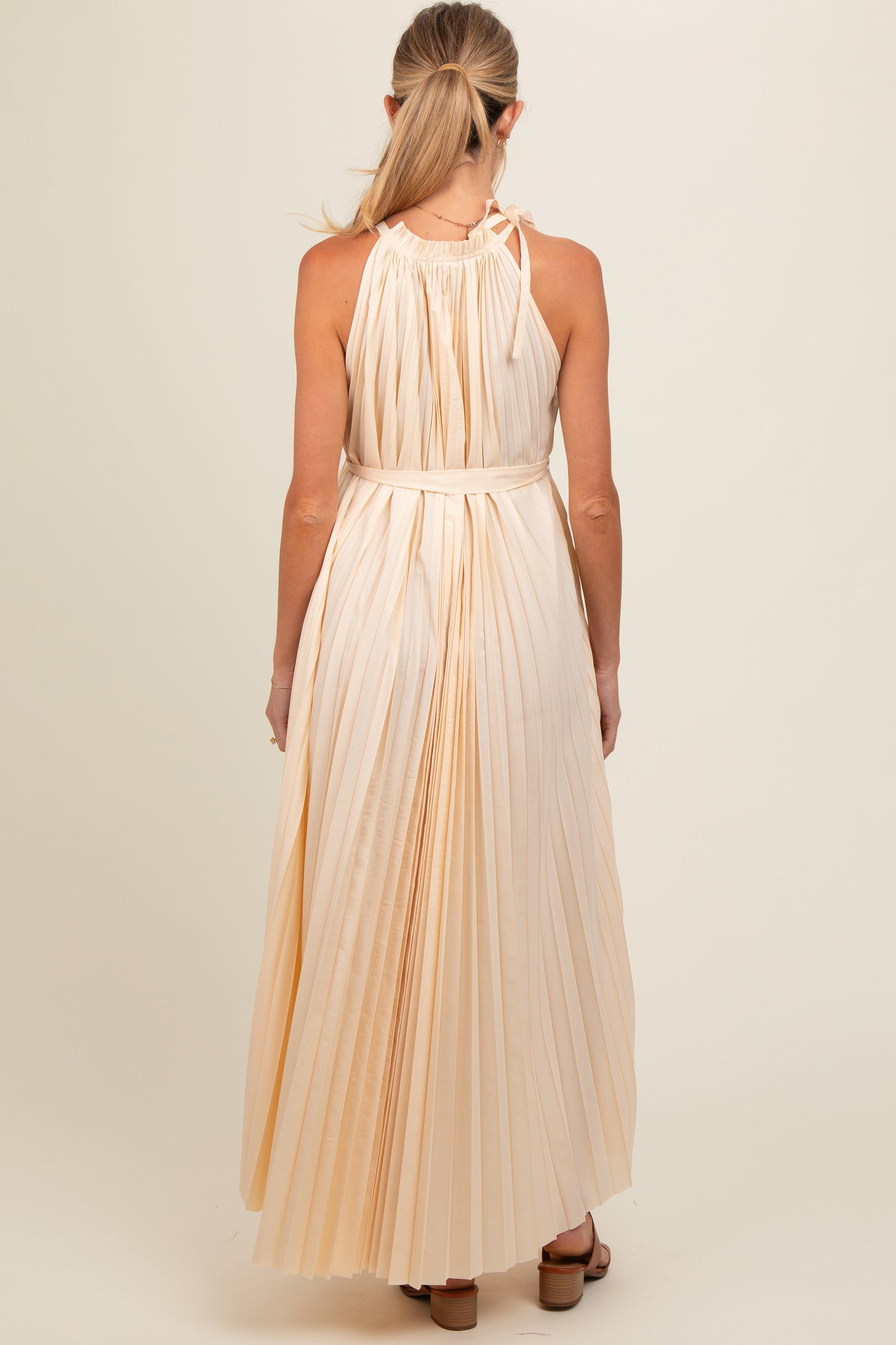 Cream Pleated Empire Tied Waist Maternity Midi Dress