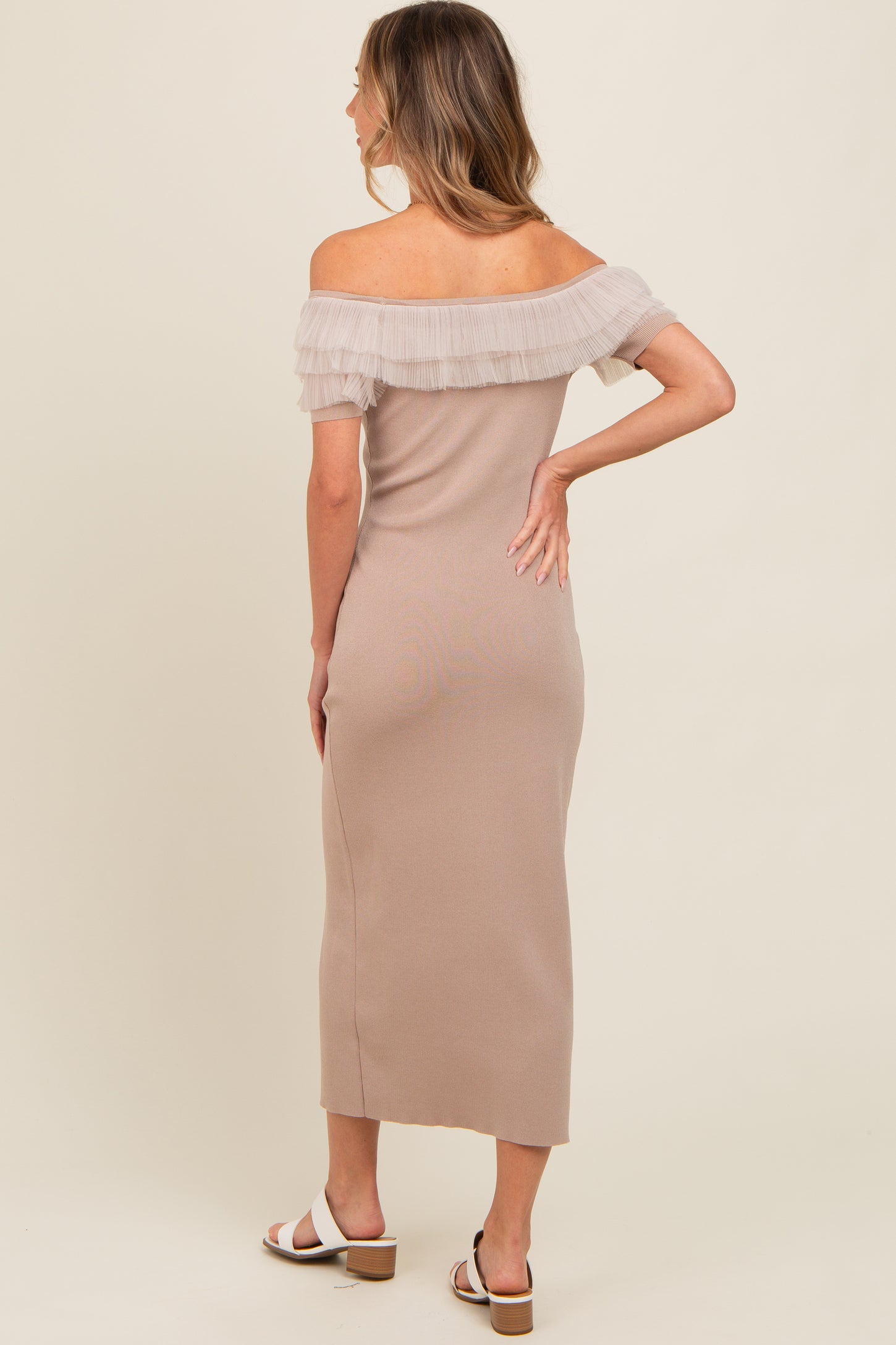 Beige Tulle Ruffle Off Shoulder Sweater Midi Dress