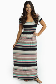 Pink Multi-Color Striped Short Sleeve Maxi Dress