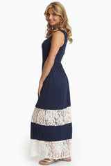 Navy Blue Lace Colorblock Maxi Dress