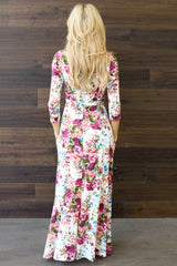 Ivory Floral Draped 3/4 Sleeve Maxi Dress