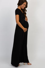 PinkBlush Petite Black Draped Maternity/Nursing Maxi Dress