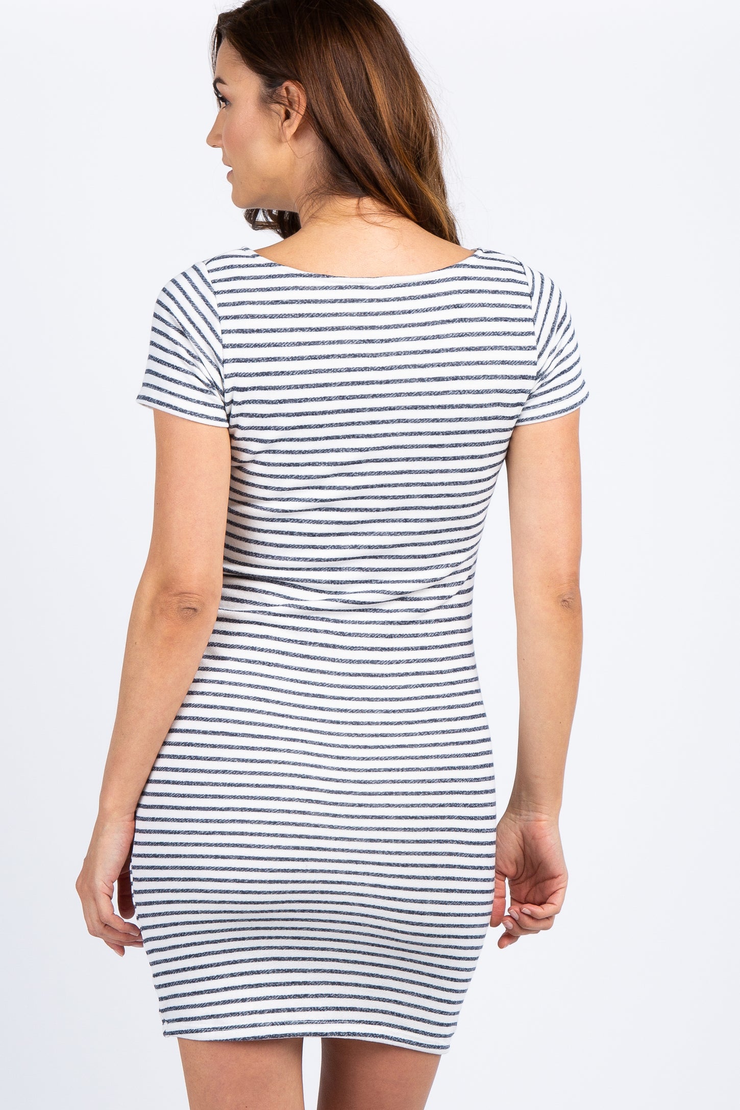 PinkBlush Ivory Navy Striped Fitted Short Sleeve Maternity Dress