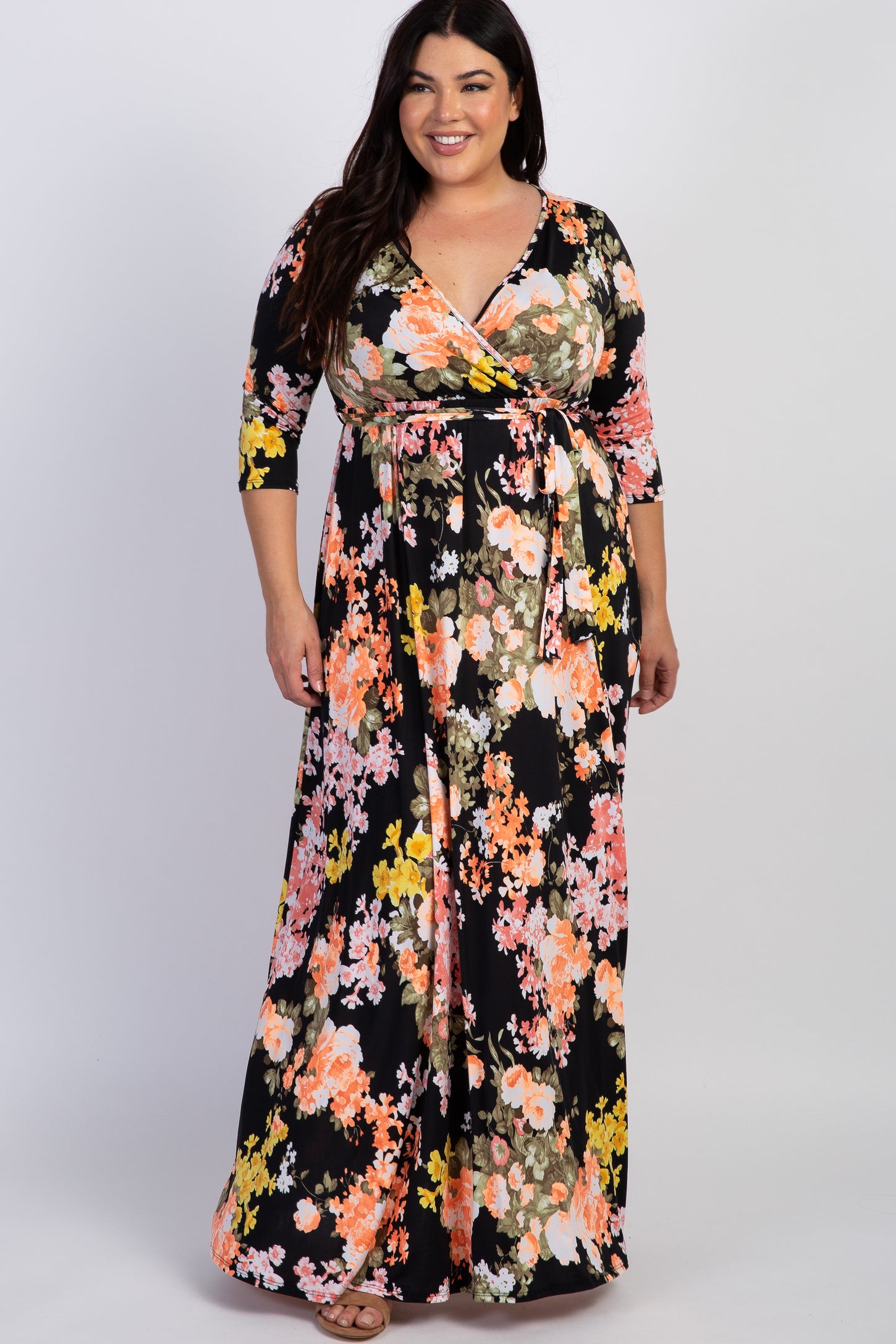 Black Floral Sash Tie Plus Maternity/Nursing Maxi Dress