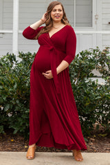 Burgundy Sash Tie Wrap Plus Maternity Maxi Dress