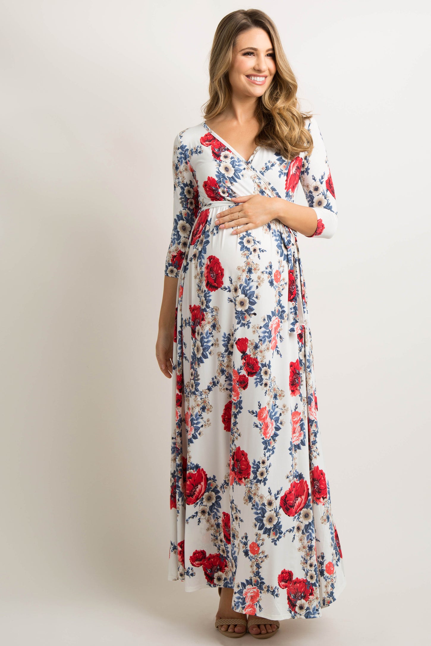 White Garden Floral Maternity/Nursing Wrap Maxi Dress