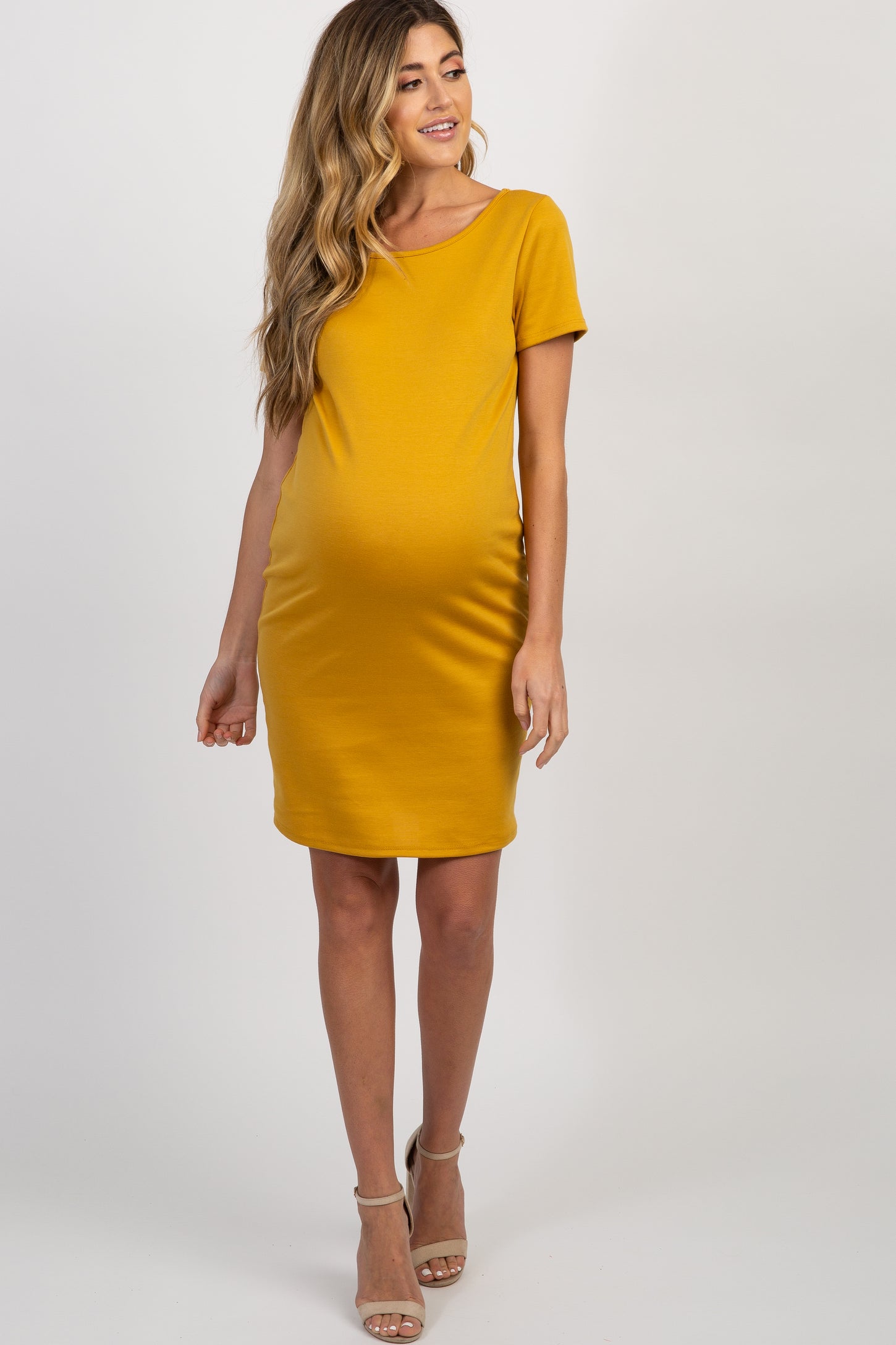 PinkBlush Yellow Fitted Short Sleeve Maternity Dress