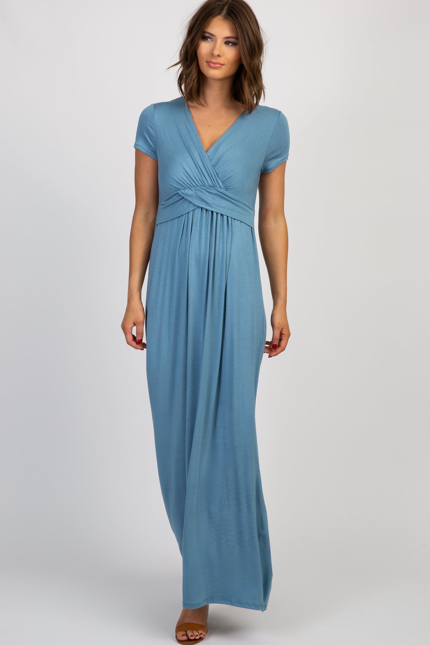 PinkBlush Petite Blue Draped Maternity/Nursing Maxi Dress