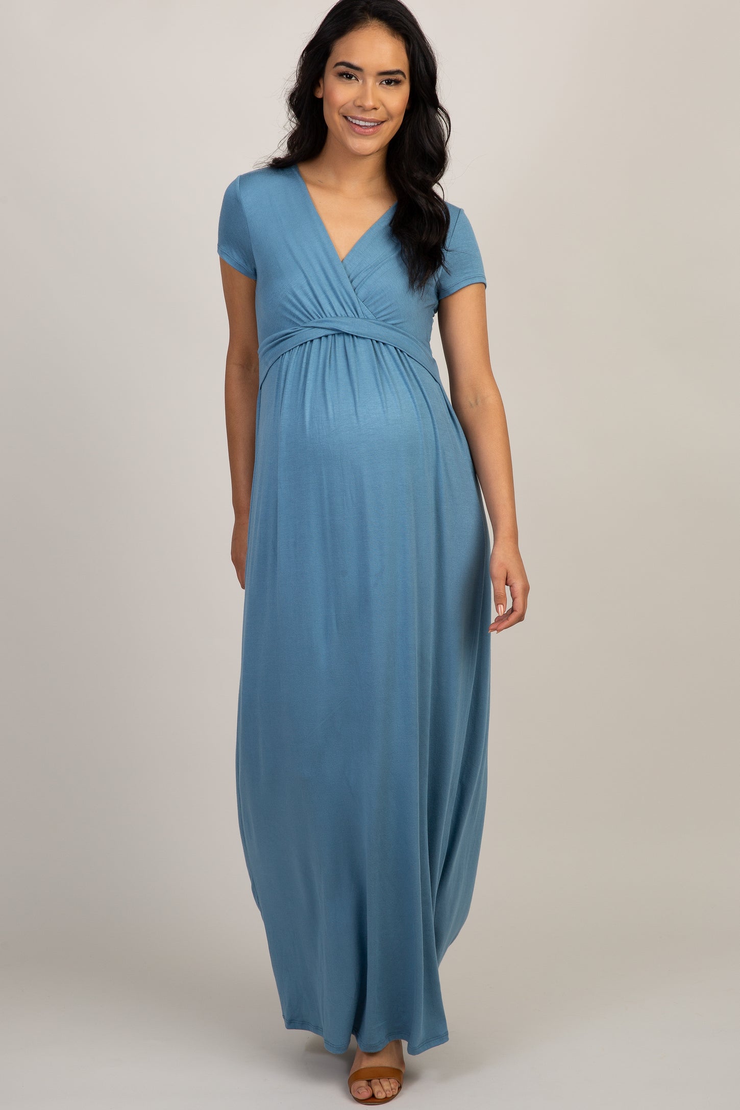 PinkBlush Blue Draped Maternity/Nursing Maxi Dress