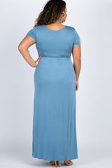 Blue Draped Plus Maternity/Nursing Maxi Dress