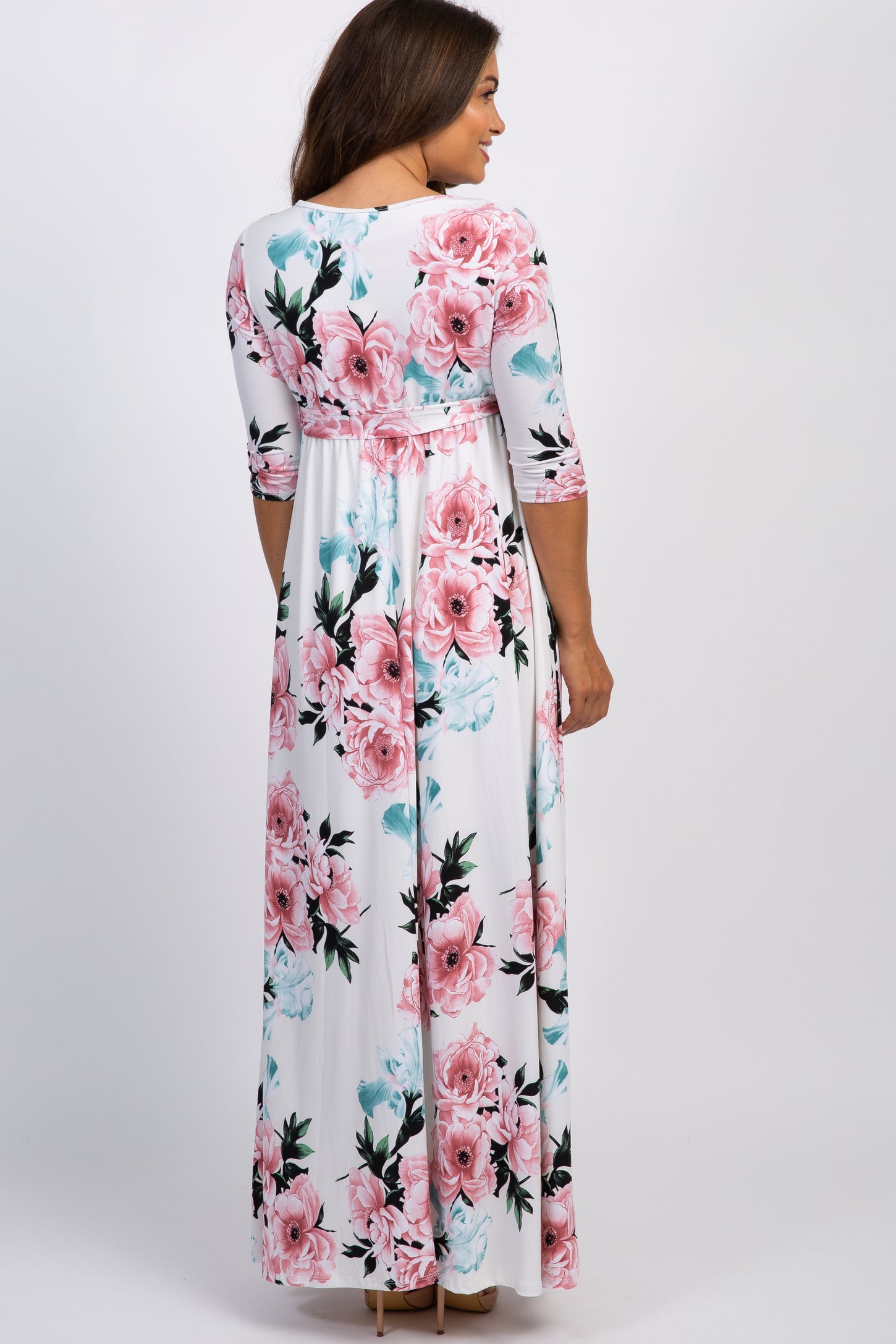 PinkBlush White Floral Sash Tie Maternity/Nursing Maxi Dress
