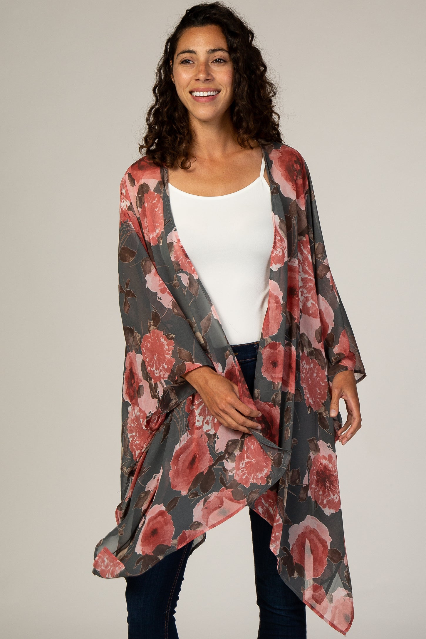 PinkBlush Grey Floral Chiffon Open Front Cover Up