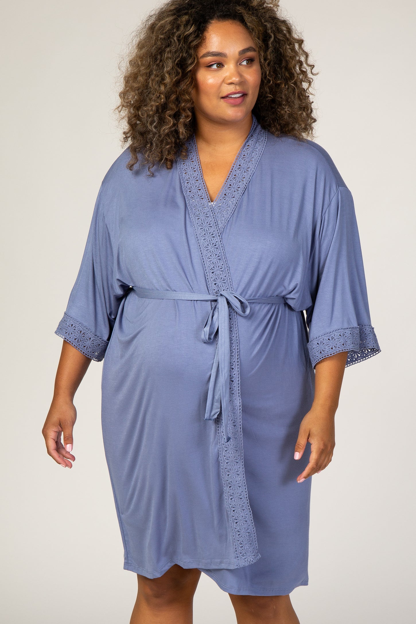 PinkBlush Blue Crochet Trim Plus Delivery/Nursing Maternity Robe