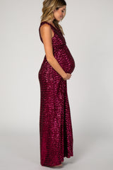 PinkBlush Burgundy Sequin V-Neck Sleeveless Maternity Evening Gown