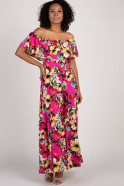 Fuchsia Floral Off Shoulder Maxi Dress
