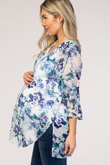 PinkBlush Ivory Blue Floral Chiffon Bell Sleeve Maternity Cover Up