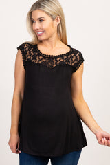 Black Solid Lace Accent Maternity Top