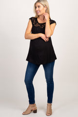 Black Solid Lace Accent Maternity Top
