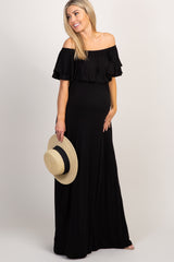 Black Off Shoulder Ruffle Trim Maternity Maxi Dress