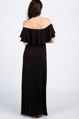 Black Off Shoulder Ruffle Trim Maxi Dress
